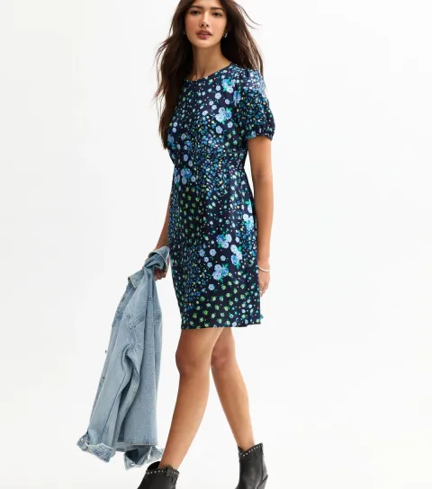 Women's Blue Satin Floral Print Mini Dress