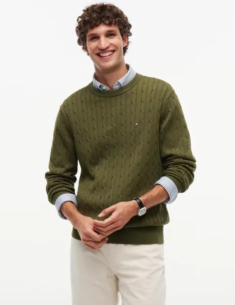 Tommy Hilfiger Pure Cotton Cable Knit Crew Neck Jumper Green