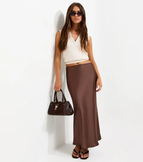 New Look Women's Petite Brown Satin Bias Cut Midi Skirt
