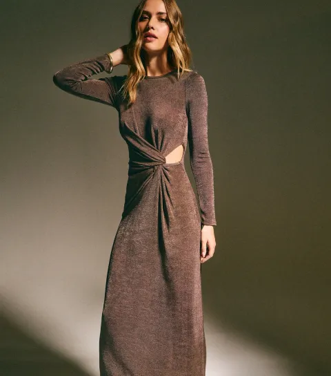 Women's Dark Brown Side Knot Ruched Long Sleeve Midi Dress