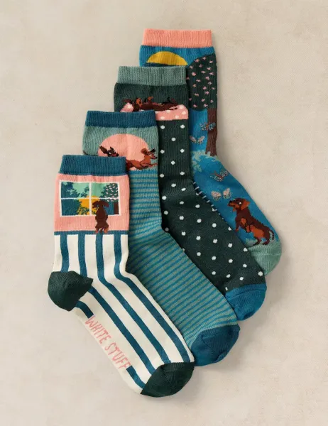 White Stuff 4 Pack Cotton Rich Playful Sausage Socks Teal Mix