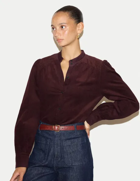Jigsaw Cord Collared Blouson Sleeve Shirt Burgundy