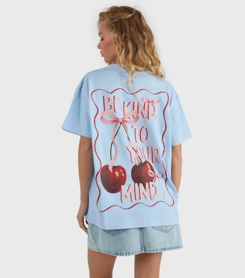 Women's Blue Cotton Cherry Print Oversized T-Shirt