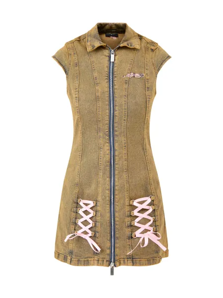 Lotus Flower Seam Detail Tie Up Denim Dress