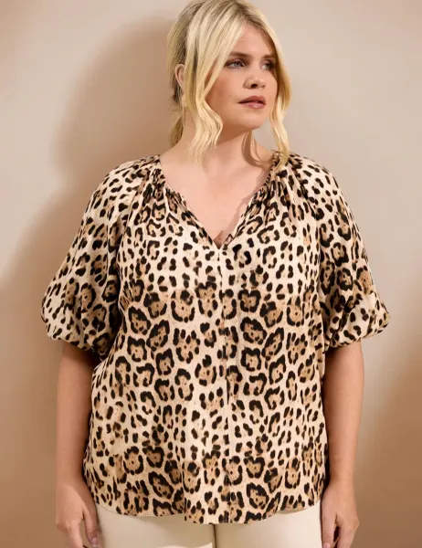 Live Unlimited London Animal Print Puff Sleeve Blouse Brown Mix