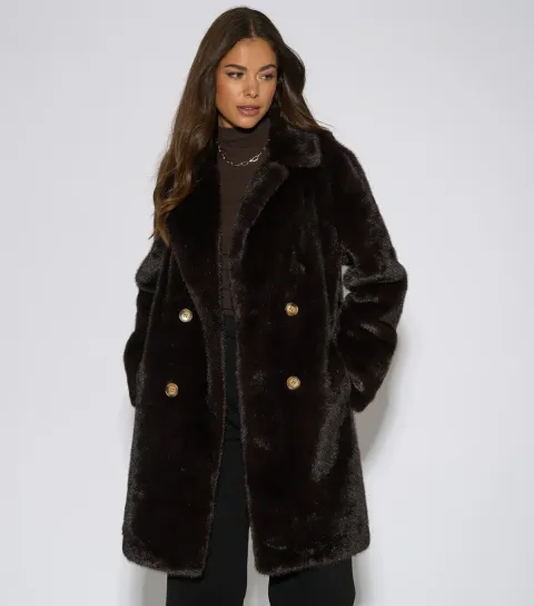 Gini London Women's Dark Brown Faux Fur Double Breasted Coat