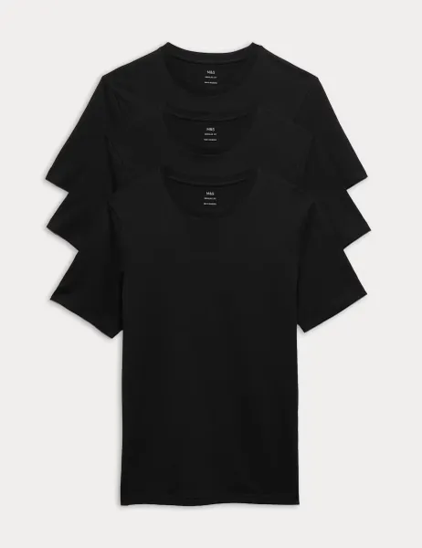 Marks & Spencer 3 Pack Pure Cotton Crew Neck T-Shirts Black