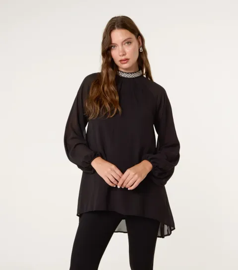 Women's Black Embellished Collar Tunic Top