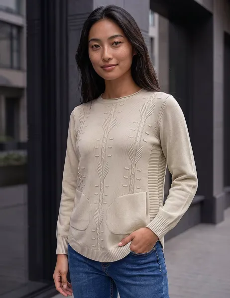 Roman Rayon Blend Cable Knit Pocket Detail Jumper Stone