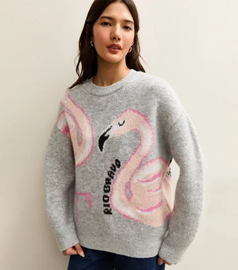 Women's Light Grey Flamingo Slogan Midweight Knit Jumper