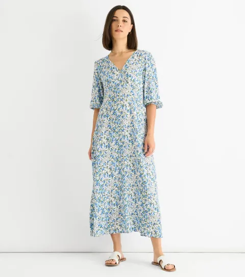 Women's Blue Floral Print Midi Dress