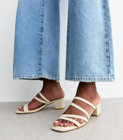 Women's Off White Faux Leather Block Heel Mule Sandals Vegan