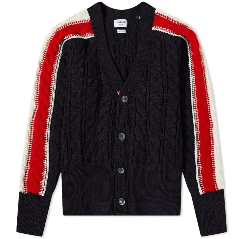 Tricolour Sleeve Stripe Cable Knit Cardigan