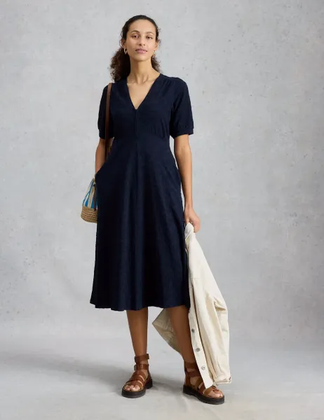 White Stuff Pure Cotton Jersey Embroidered Midi Dress Blue