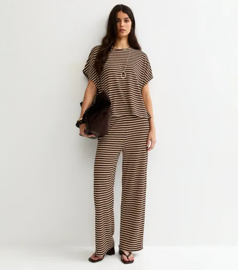 New Look Women's Brown Textured Striped Wide Leg Trousers