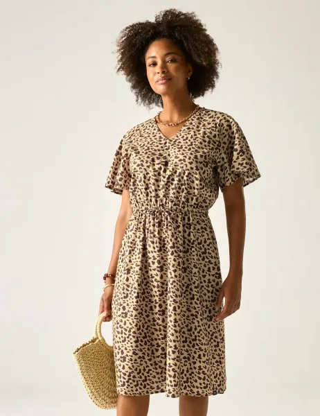 Regatta Elona Pure Cotton Animal Print V-Neck Dress Brown Mix