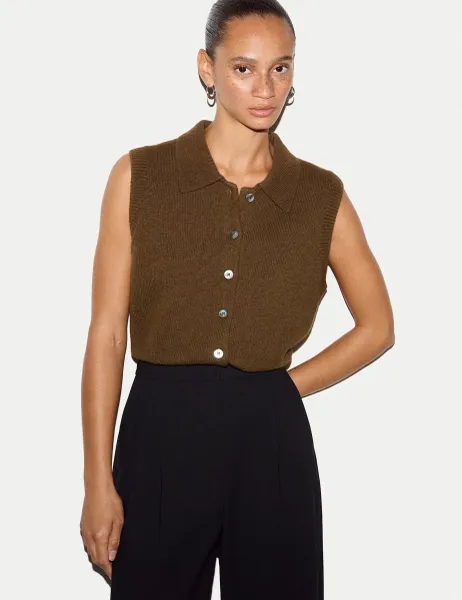 Jigsaw Wool Rich Collared Button Through Vest Khaki