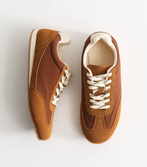 New Look Women's Tan Faux Brushed Leather Panelled Jogger Trainers Vegan