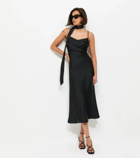 Women's Black Satin Slip Midi Dress with Scarf