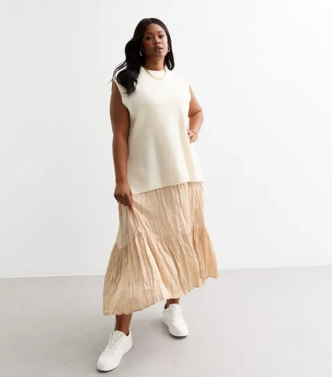 New Look Women's Plus Size Cream Crinkle Satin Maxi Skirt Curves