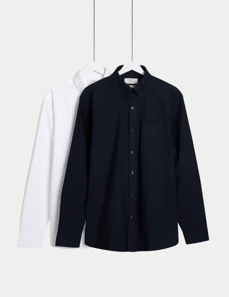 Marks & Spencer Ultimate 2 Pack Regular Fit Pure Cotton Oxford Shirts Navy Mix