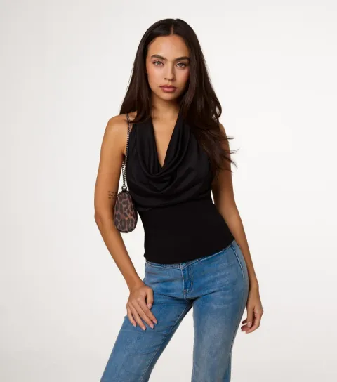 Pink Vanilla Women's Black Mesh Cowl Neck Sleeveless Top