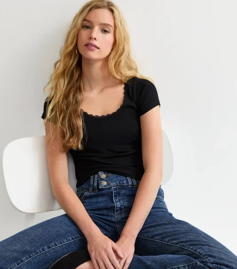 Women's Black Lace Trim Scoop Neck T-Shirt