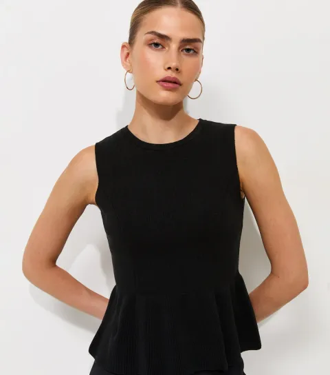 Women's Black Compact Knit Peplum Waist Vest Top