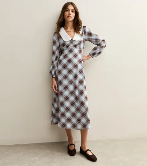 Women's Blue Checked Contrast Collar Midi Dress