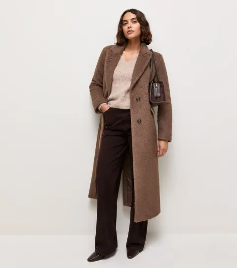 New Look Women's Tall Mink Brushed Texture Peak Lapel Long Coat