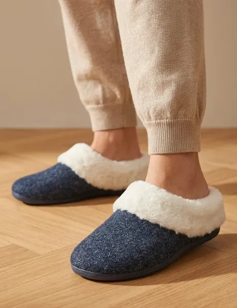 Feria Faux Fur Cuffed Full Slippers Navy