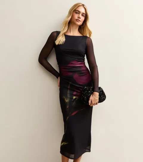 Women's Black Flower Ruched Mesh Midi Dress