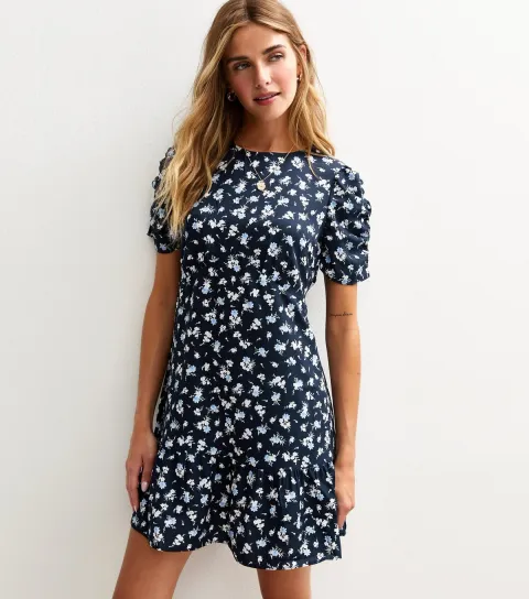 Women's Blue Floral Print Tiered Hem Mini Dress