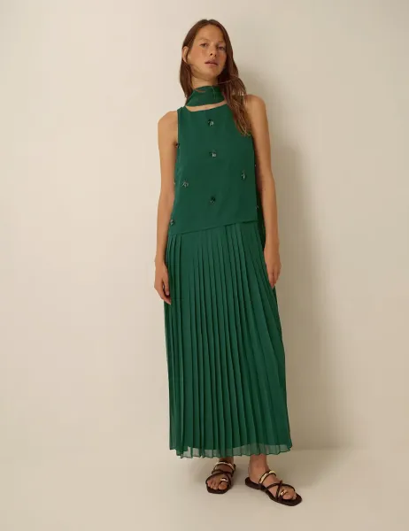 Monsoon Embellished Pleated Maxi Dress Dark Green Mix