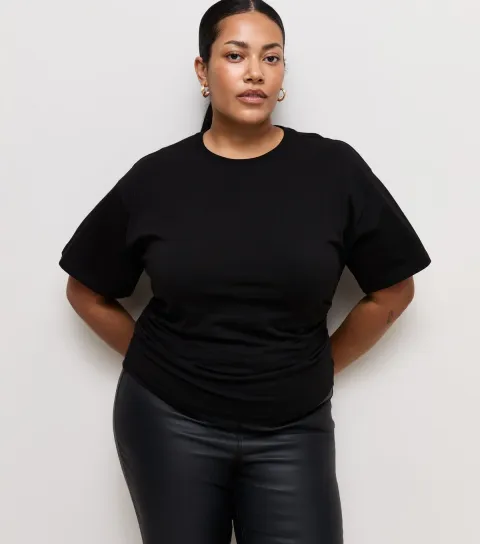 Women's Plus Size Black Ruched Sides Corset Waist T-Shirt Curves