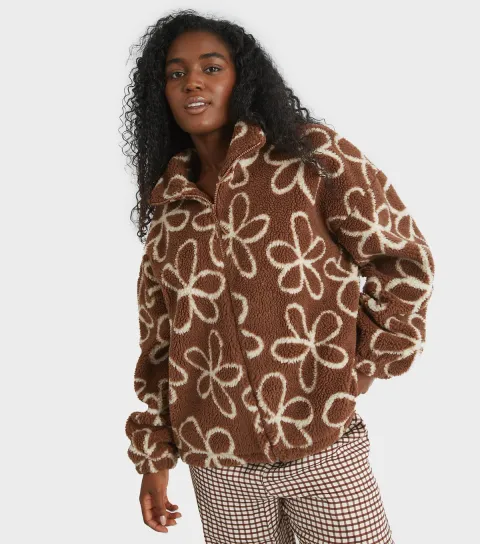 Women's Light Brown Doodle Flower Borg Jacket