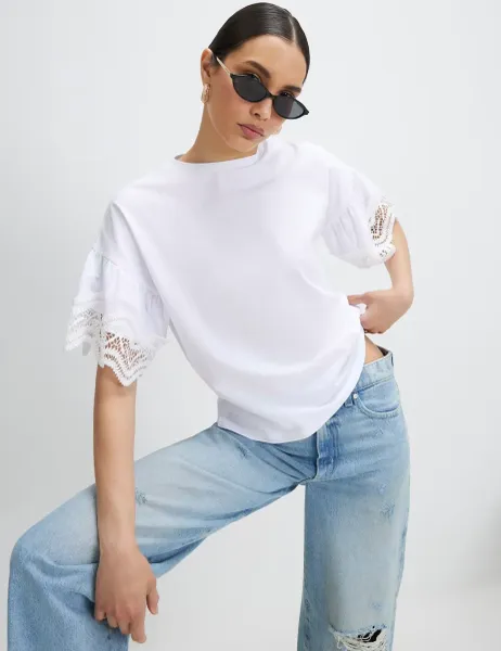 River Island Lace Trim Drop Shoulder T-Shirt White