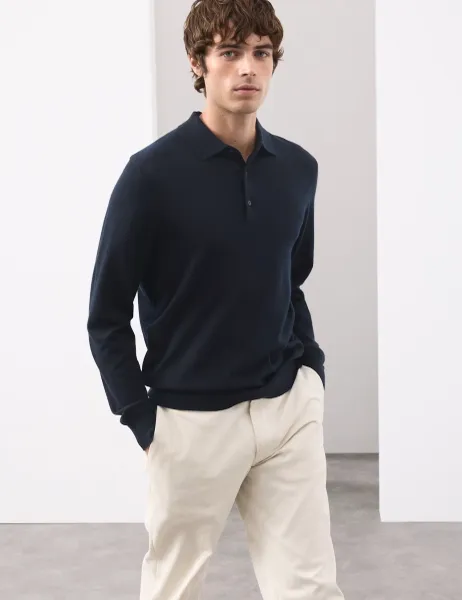 Autograph Pure Extra Fine Merino Wool Polo Shirt Dark Navy