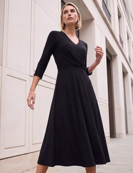 Roman V Neck Crossover Midi Dress Black