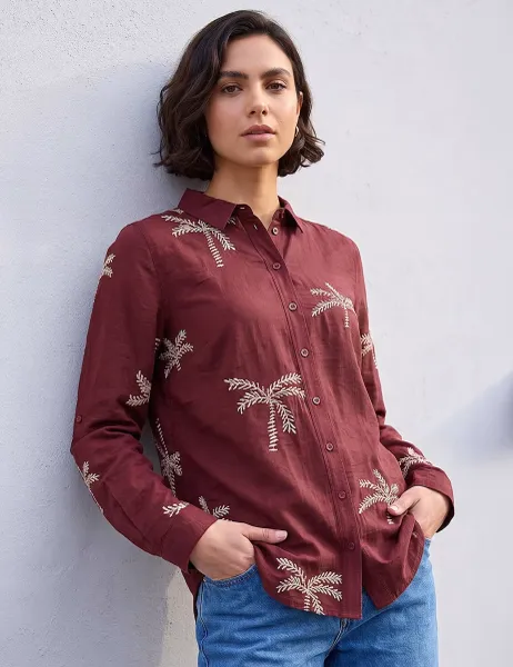 Roman Embroidered Palm Print Blouse Burgundy Mix