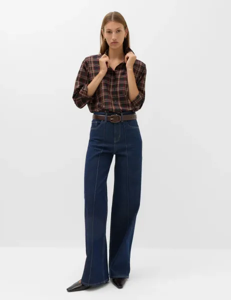 Marks & Spencer High Waisted Pintuck Wide Leg Jeans Indigo Mix