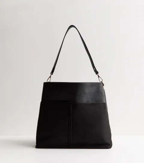 Black Faux-Suede Panel Triple Compartment Tote Bag Vegan