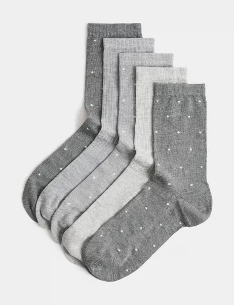 Marks & Spencer 5 Pack Supersoft Spot Crew Socks Grey Mix