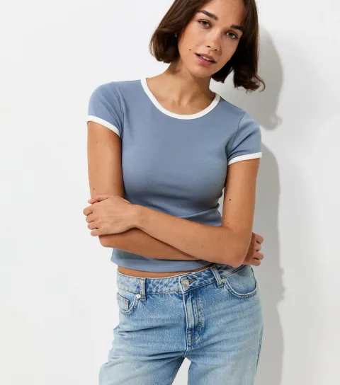 New Look Women's Blue Cotton Rich Contrast Trim Ringer T-Shirt
