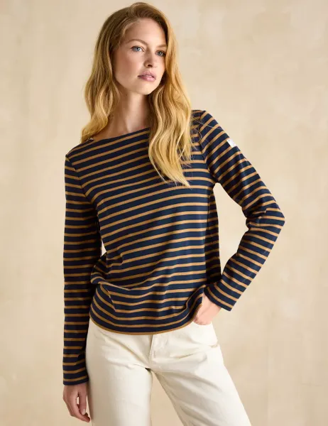 Joules Pure Cotton Striped Slash Neck Top Navy Mix