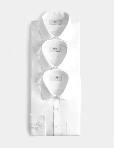 Marks & Spencer 2 Inch Shorter 3 Pack Slim Fit Easy Iron Long Sleeve Shirts White