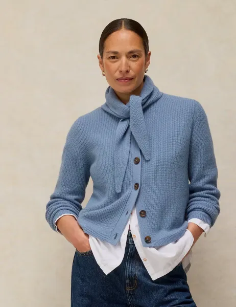 White Stuff Wool Blend Printed Crew Neck Cardigan Mid Blue