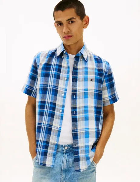 Tommy Hilfiger Regular Fit Linen Blend Check Shirt Navy Mix