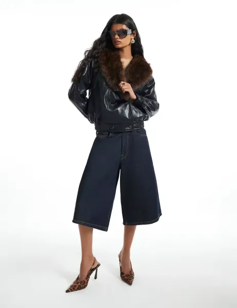 River Island Faux Leather Faux Fur Collar Aviator Jacket Black