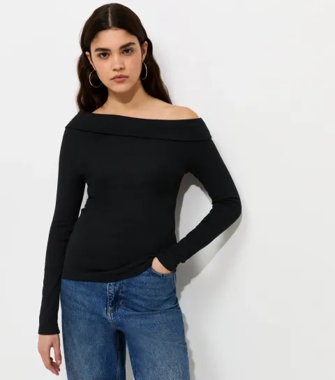 New Look Women's Black Bardot Off the Shoulder Long Sleeve Top